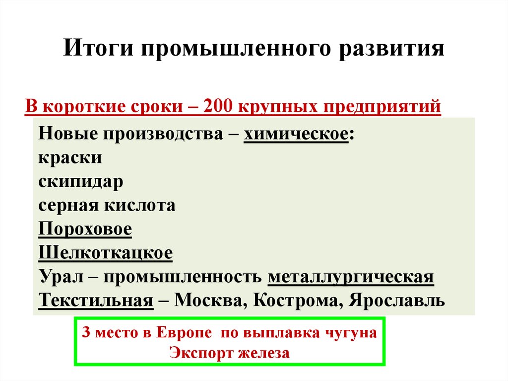 Итоги промышленного развития