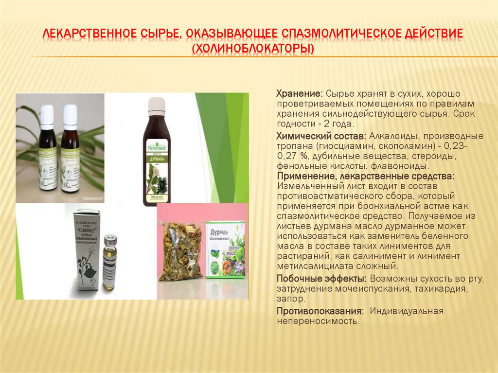ЛЕКАРСТВЕННОЕ СЫРЬЕ, ОКАЗЫВАЮЩЕЕ СПАЗМОЛИТИЧЕСКОЕ ДЕЙСТВИЕ (ХОЛИНОБЛОКАТОРЫ)