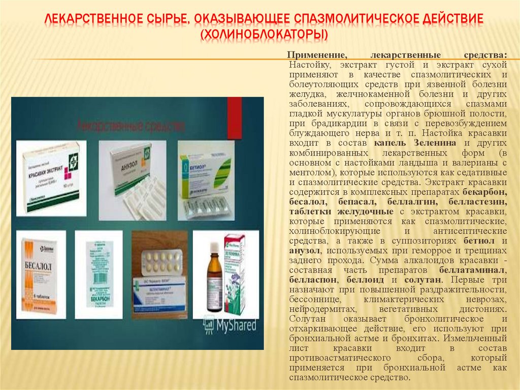 ЛЕКАРСТВЕННОЕ СЫРЬЕ, ОКАЗЫВАЮЩЕЕ СПАЗМОЛИТИЧЕСКОЕ ДЕЙСТВИЕ (ХОЛИНОБЛОКАТОРЫ)