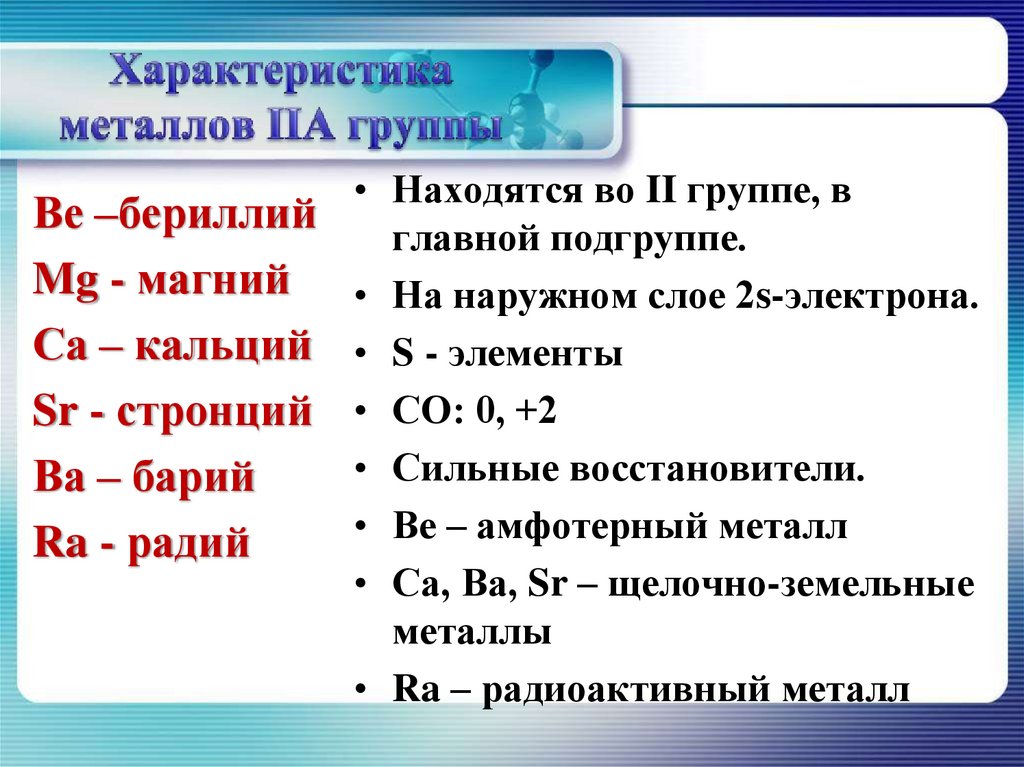 Характеристика металлов IIА группы
