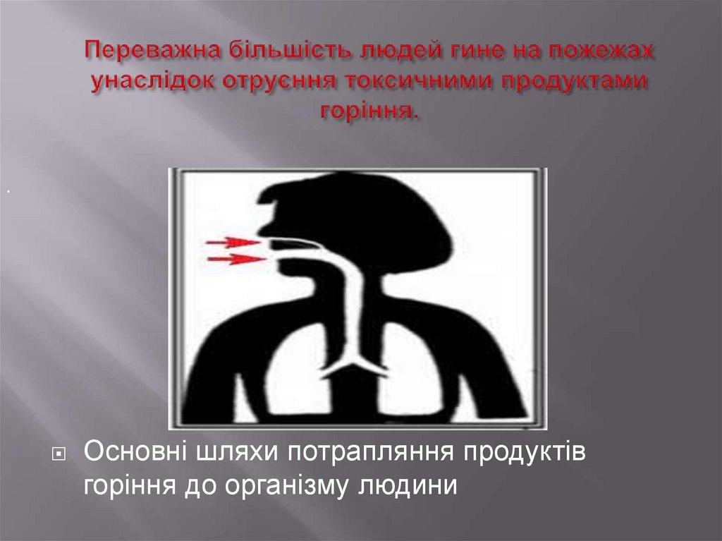 Переважна більшість людей гине на пожежах унаслідок отруєння токсичними продуктами горіння.