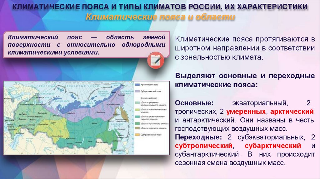 КЛИМАТИЧЕСКИЕ ПОЯСА И ТИПЫ КЛИМАТОВ РОССИИ, ИХ ХАРАКТЕРИСТИКИ Климатические пояса и области
