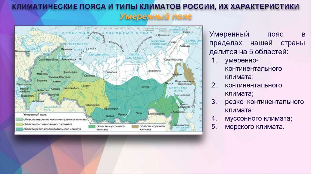 КЛИМАТИЧЕСКИЕ ПОЯСА И ТИПЫ КЛИМАТОВ РОССИИ, ИХ ХАРАКТЕРИСТИКИ Умеренный пояс