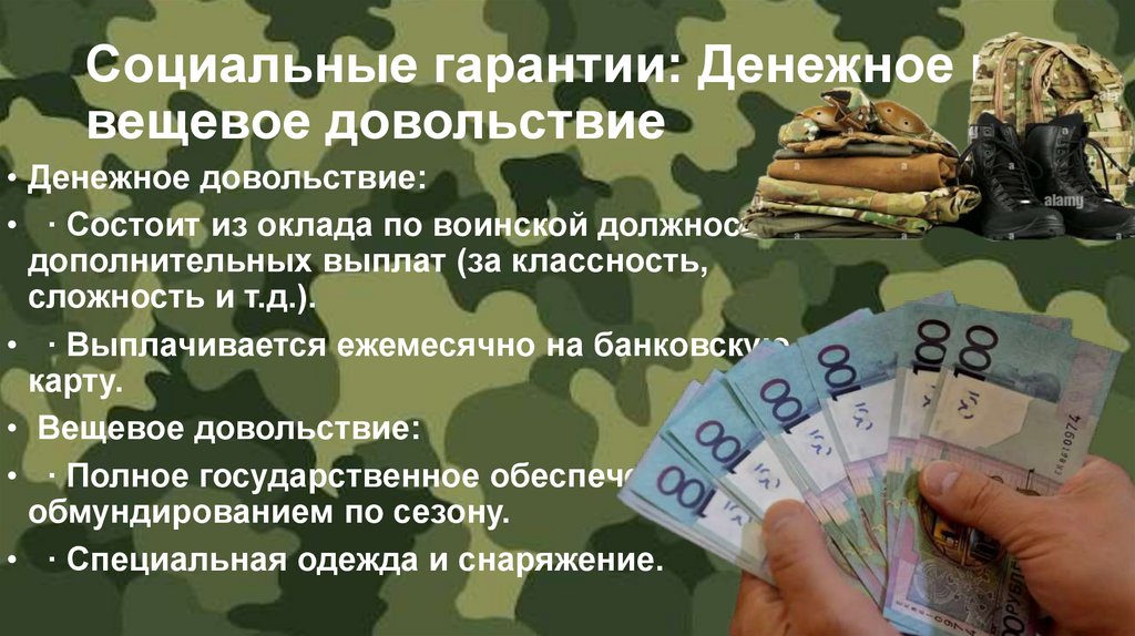 Социальные гарантии: Денежное и вещевое довольствие