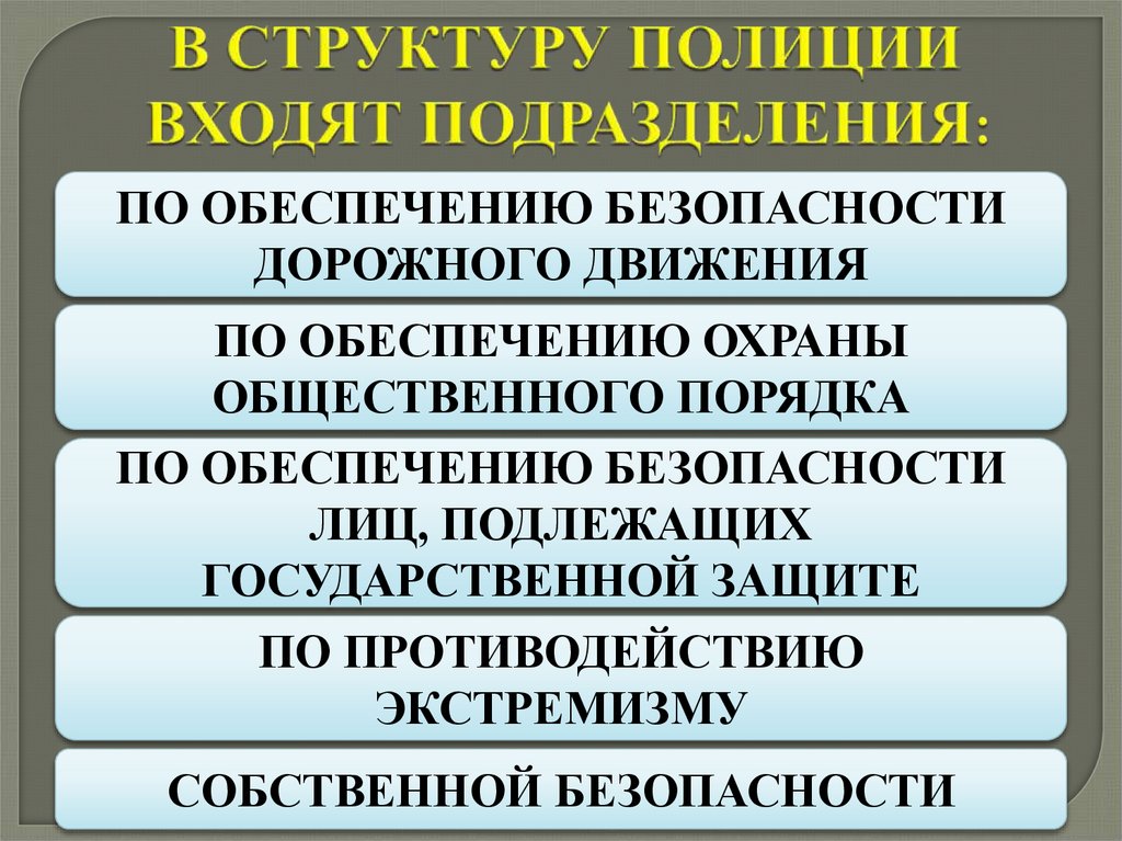 В СТРУКТУРУ ПОЛИЦИИ ВХОДЯТ ПОДРАЗДЕЛЕНИЯ: