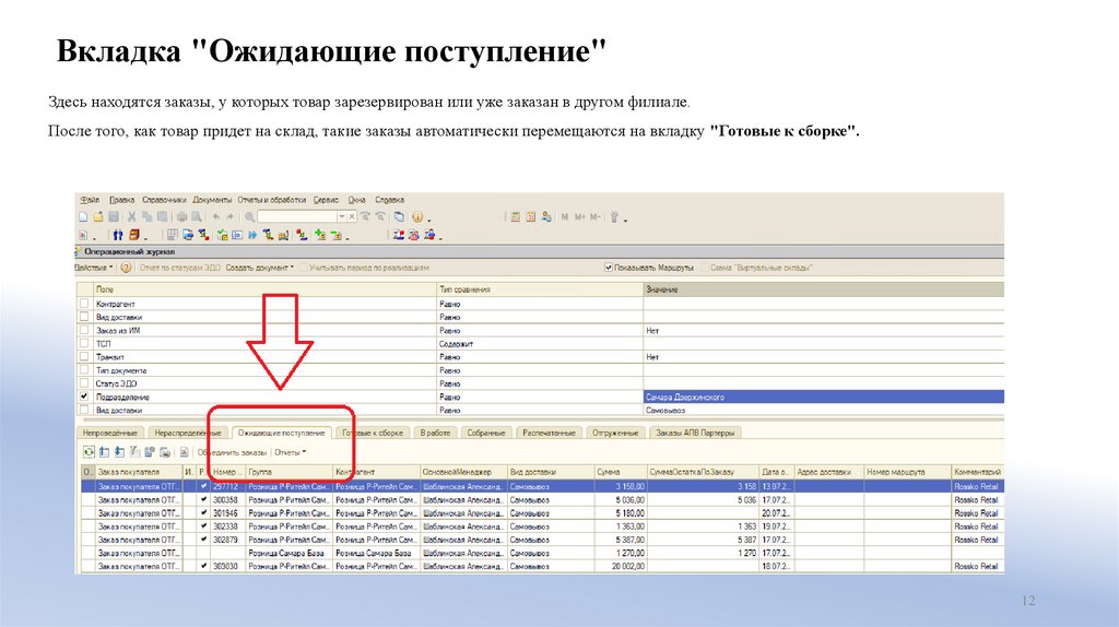 Вкладка "Ожидающие поступление"