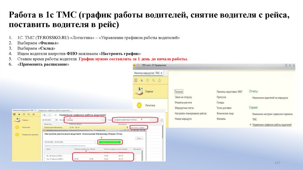 Работа в 1с ТМС (график работы водителей, снятие водителя с рейса, поставить водителя в рейс)