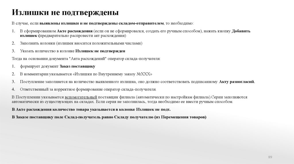 Излишки не подтверждены