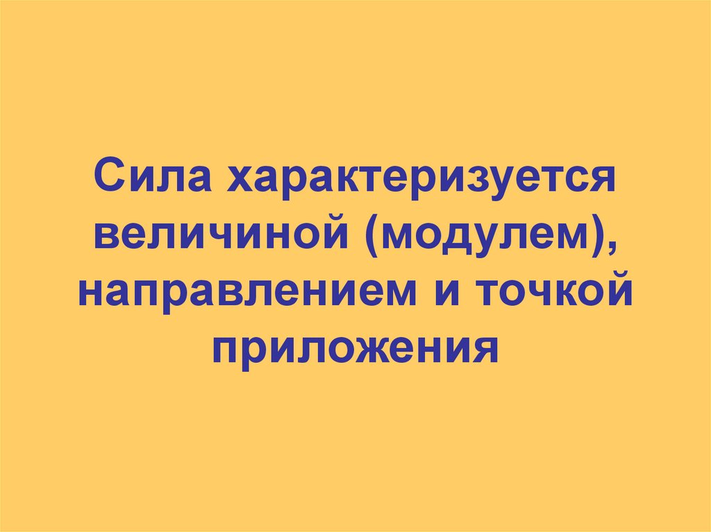 Сила характеризуется величиной (модулем), направлением и точкой приложения