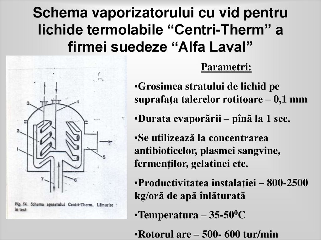Schema vaporizatorului cu vid pentru lichide termolabile “Centri-Therm” a firmei suedeze “Alfa Laval”