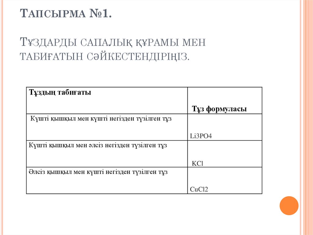 Тапсырма №1.   Тұздарды сапалық құрамы мен табиғатын сәйкестендіріңіз.