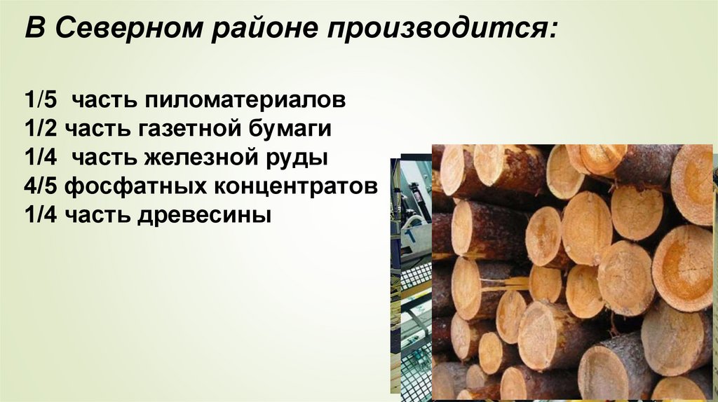 В Северном районе производится: 1/5 часть пиломатериалов 1/2 часть газетной бумаги 1/4 часть железной руды 4/5 фосфатных