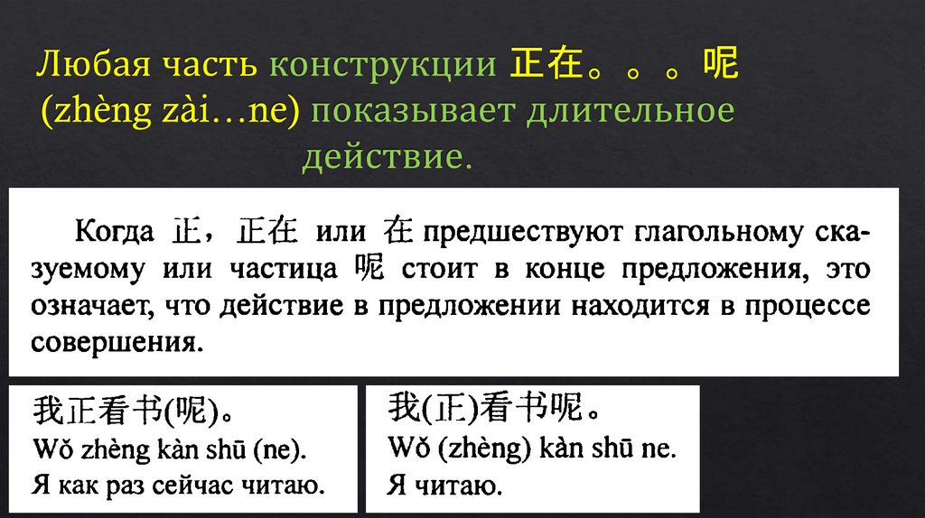 Любая часть конструкции 正在。。。呢 (zhèng zài…ne) показывает длительное действие.