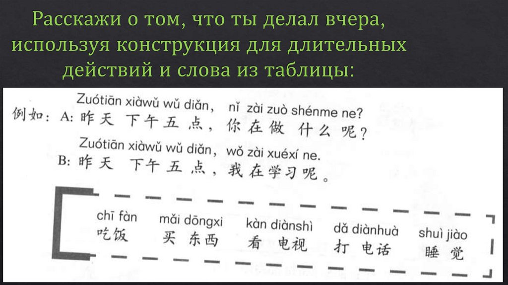 Расскажи о том, что ты делал вчера, используя конструкция для длительных действий и слова из таблицы: