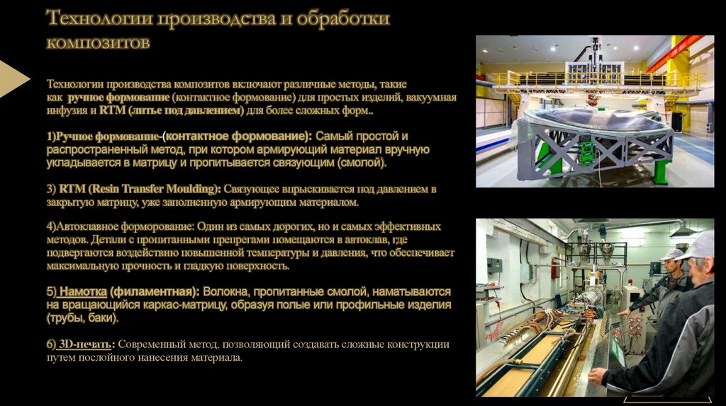Технологии производства и обработки композитов Технологии производства композитов включают различные методы, такие как  ручное