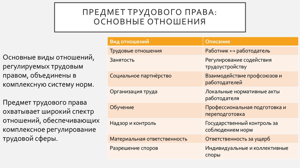 Предмет трудового права: основные отношения