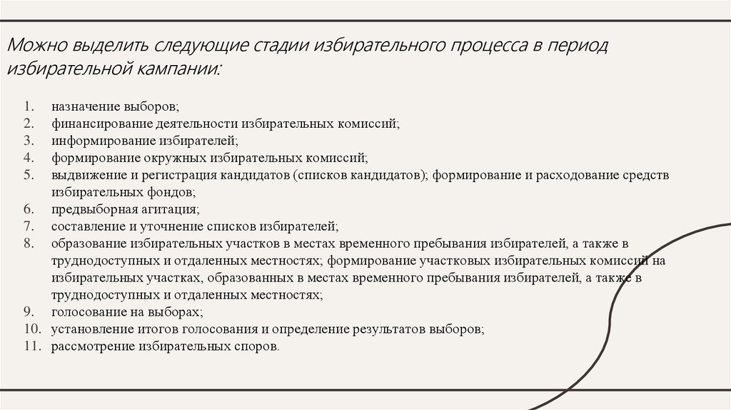 Можно выделить следующие стадии избирательного процесса в период избирательной кампании:
