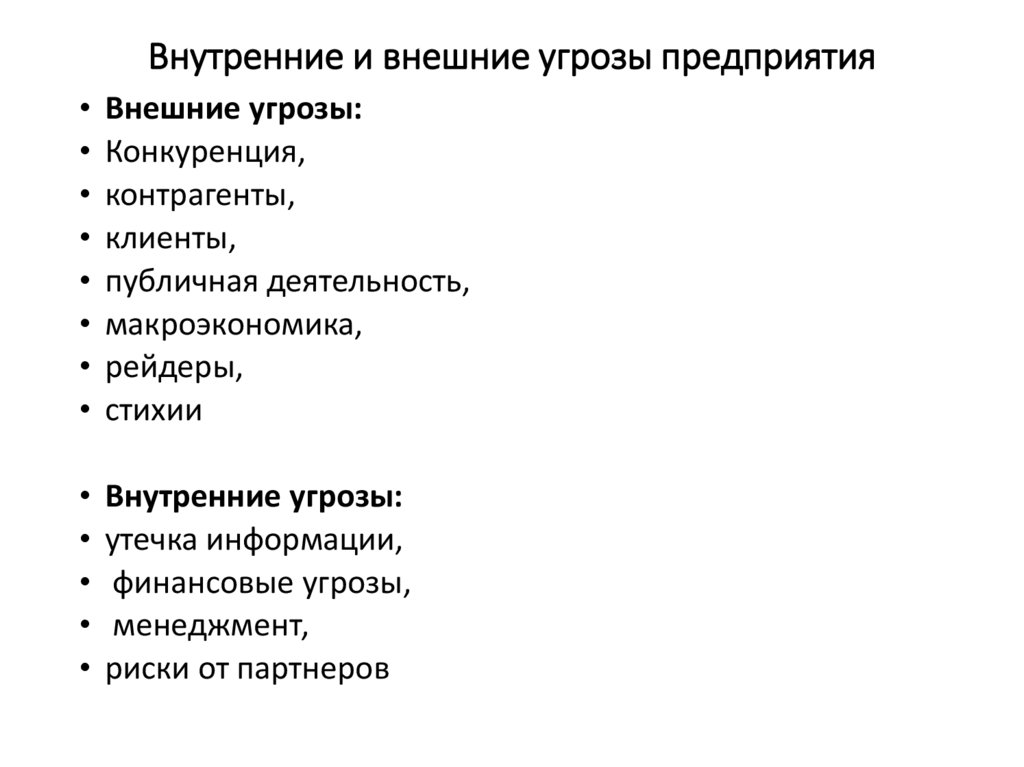 Внутренние и внешние угрозы предприятия