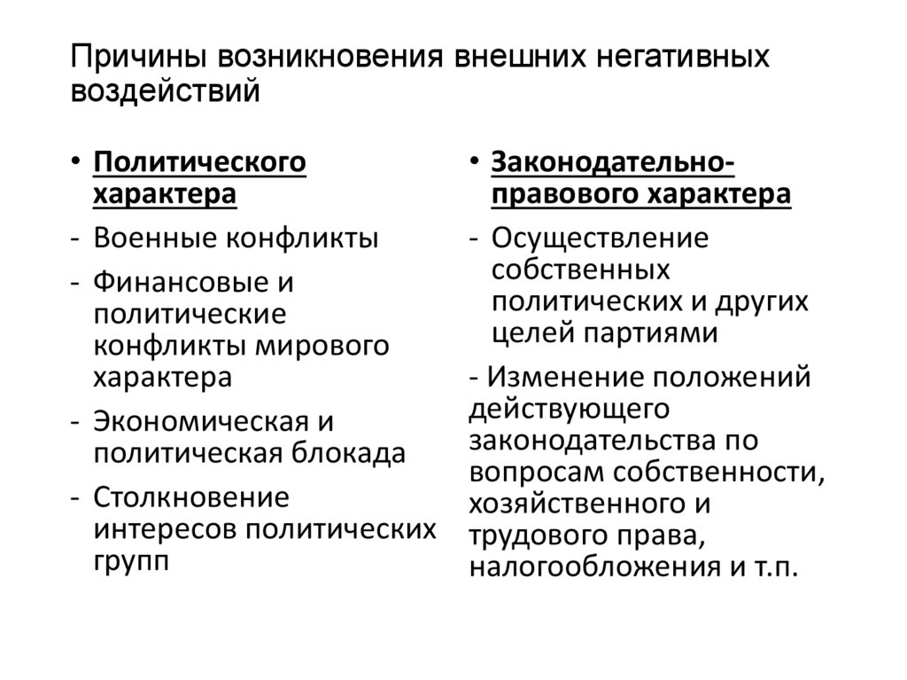 Причины возникновения внешних негативных воздействий