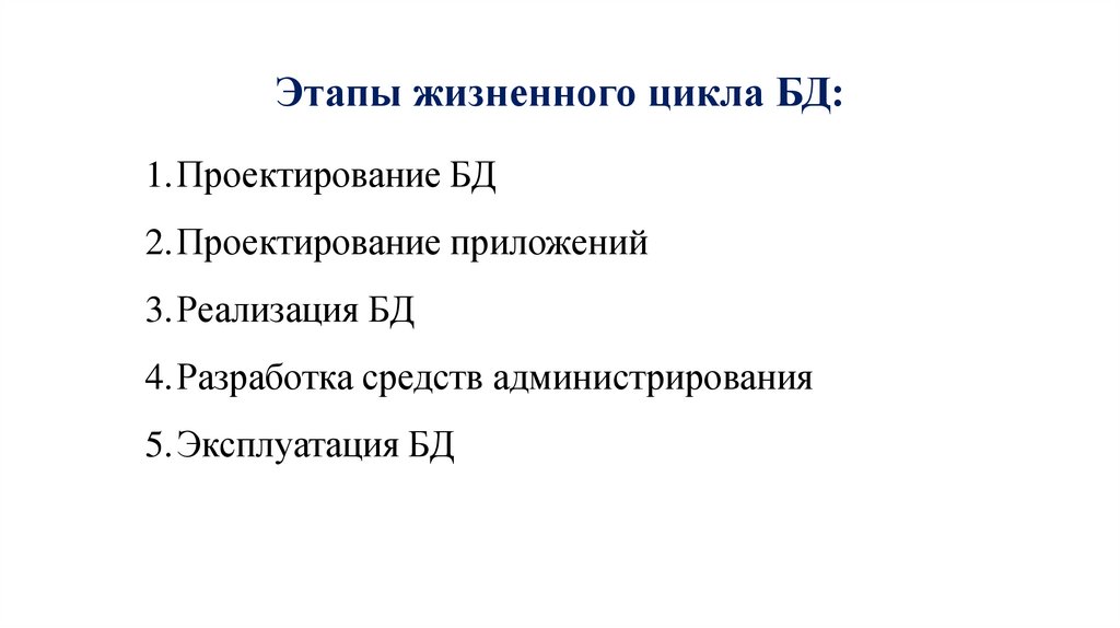 Этапы жизненного цикла БД: