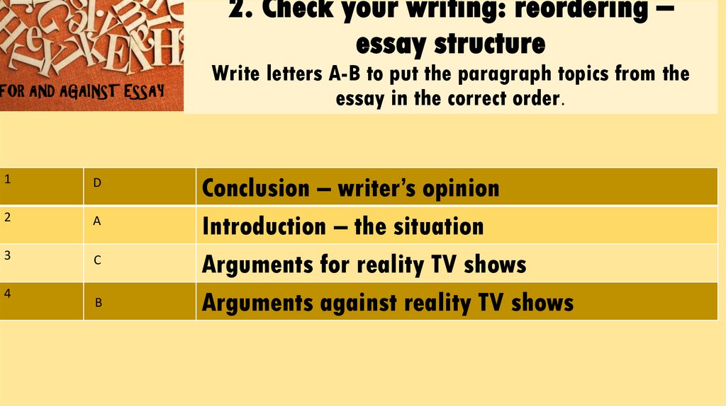2. Check your writing: reordering – essay structure Write letters A-B to put the paragraph topics from the essay in the correct