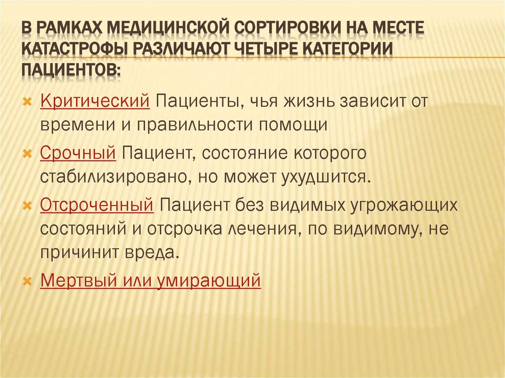 В рамках медицинской сортировки на месте катастрофы различают четыре категории пациентов: