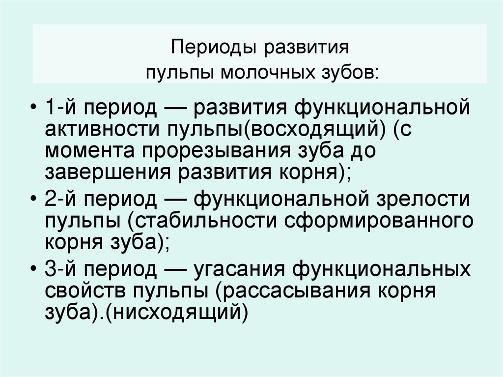 Периоды развития пульпы молочных зубов: