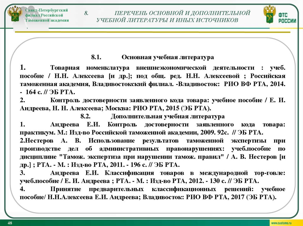 8. ПЕРЕЧЕНЬ ОСНОВНОЙ И ДОПОЛНИТЕЛЬНОЙ УЧЕБНОЙ ЛИТЕРАТУРЫ И ИНЫХ ИСТОЧНИКОВ