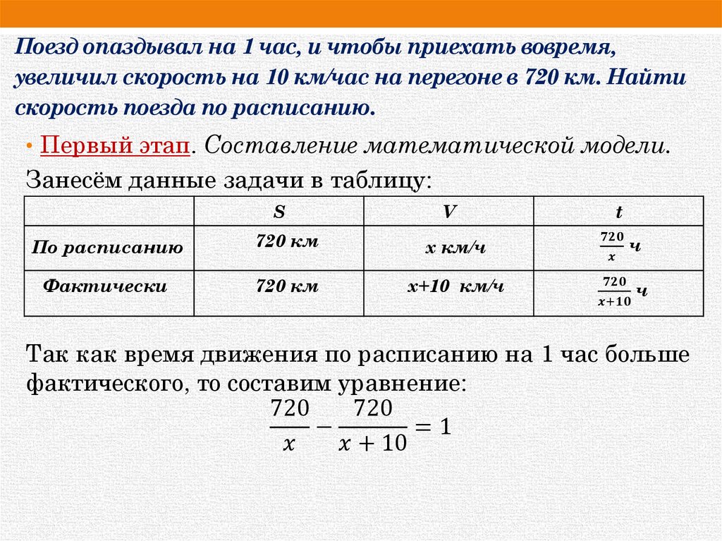 Поезд опаздывал на 1 час, и чтобы приехать вовремя, увеличил скорость на 10 км/час на перегоне в 720 км. Найти скорость поезда
