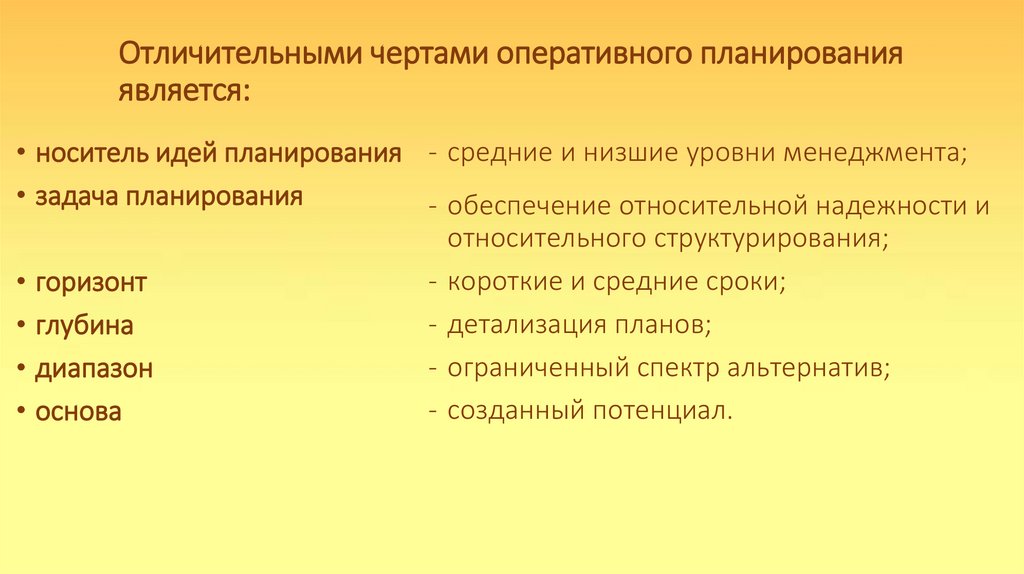 Отличительными чертами оперативного планирования является: