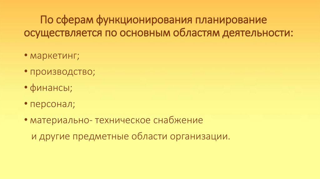 По сферам функционирования планирование осуществляется по основным областям деятельности: