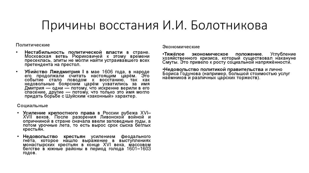 Причины восстания И.И. Болотникова