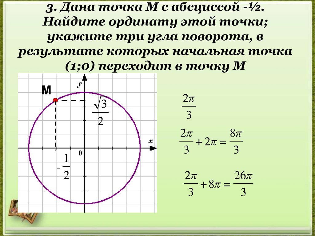 3. Дана точка М с абсциссой -½. Найдите ординату этой точки; укажите три угла поворота, в результате которых начальная точка