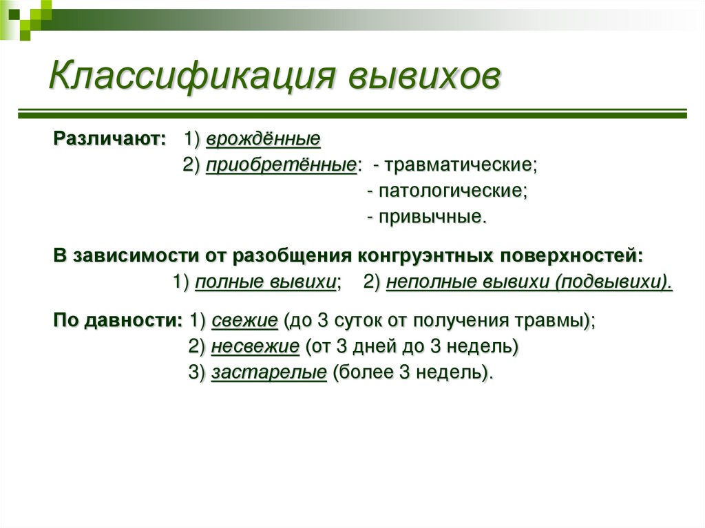 Классификация вывихов