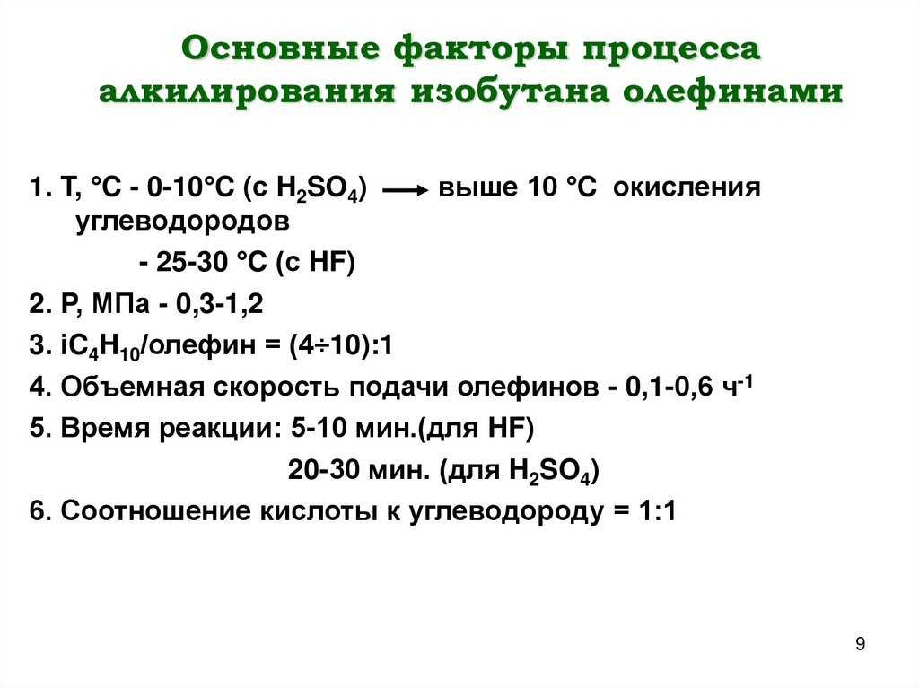 Основные факторы процесса алкилирования изобутана олефинами
