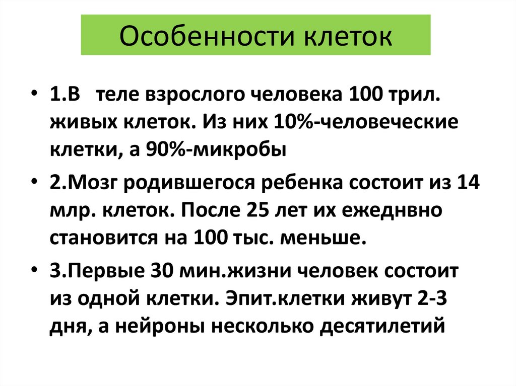 Особенности клеток