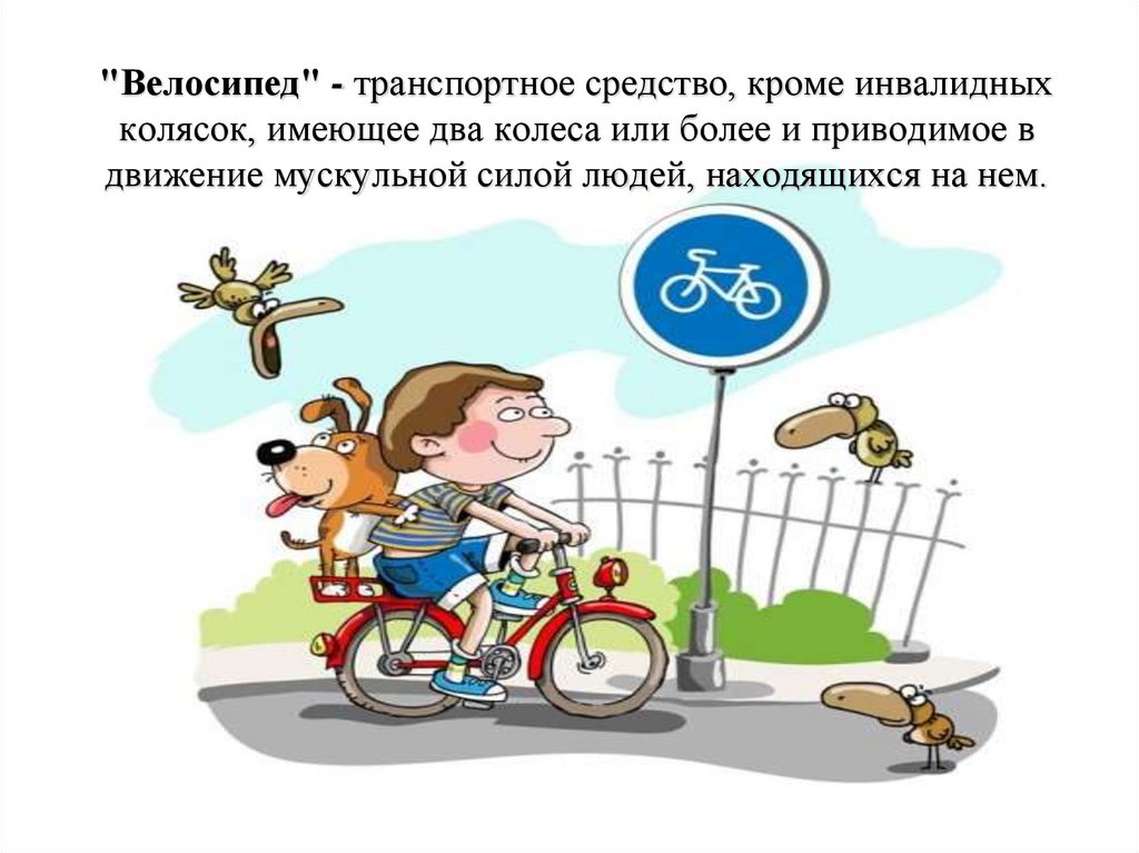 "Велосипед" - транспортное средство, кроме инвалидных колясок, имеющее два колеса или более и приводимое в движение мускульной