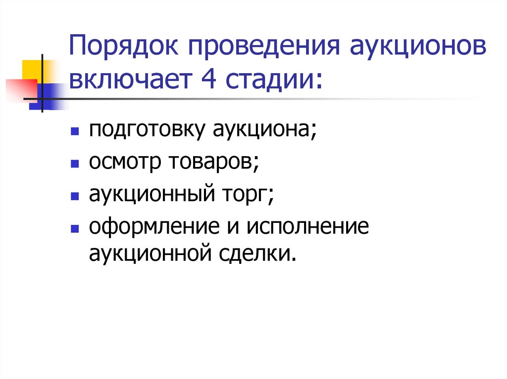 Порядок проведения аукционов включает 4 стадии: