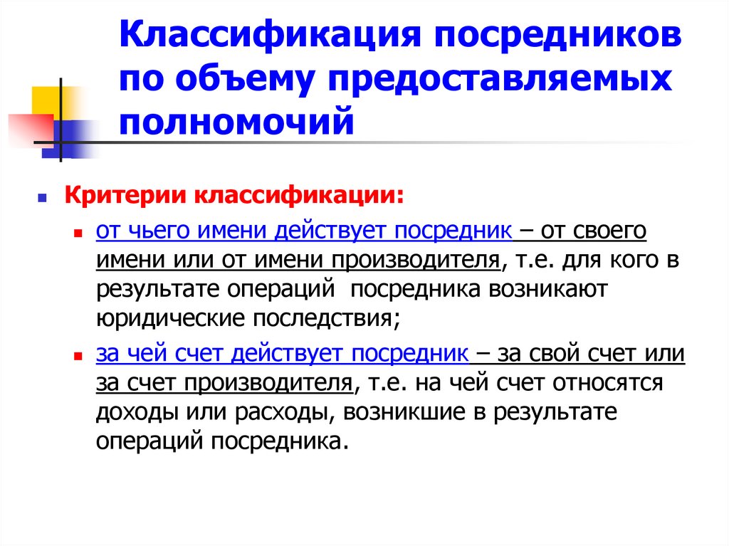 Классификация посредников по объему предоставляемых полномочий