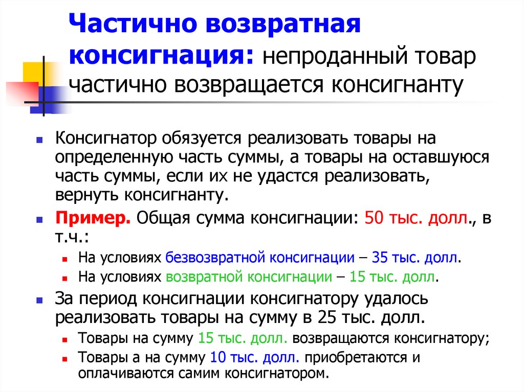 Частично возвратная консигнация: непроданный товар частично возвращается консигнанту