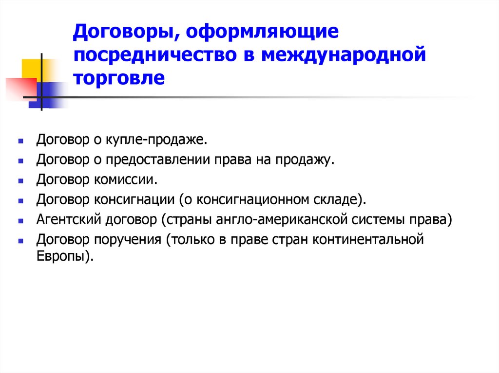 Договоры, оформляющие посредничество в международной торговле