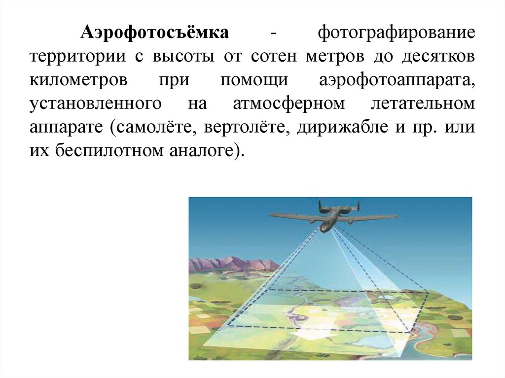 Аэрофотосъёмка - фотографирование территории с высоты от сотен метров до десятков километров при помощи аэрофотоаппарата,