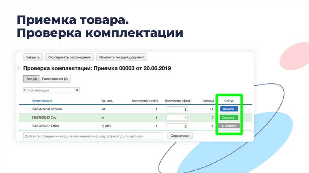 Приемка товара. Проверка комплектации