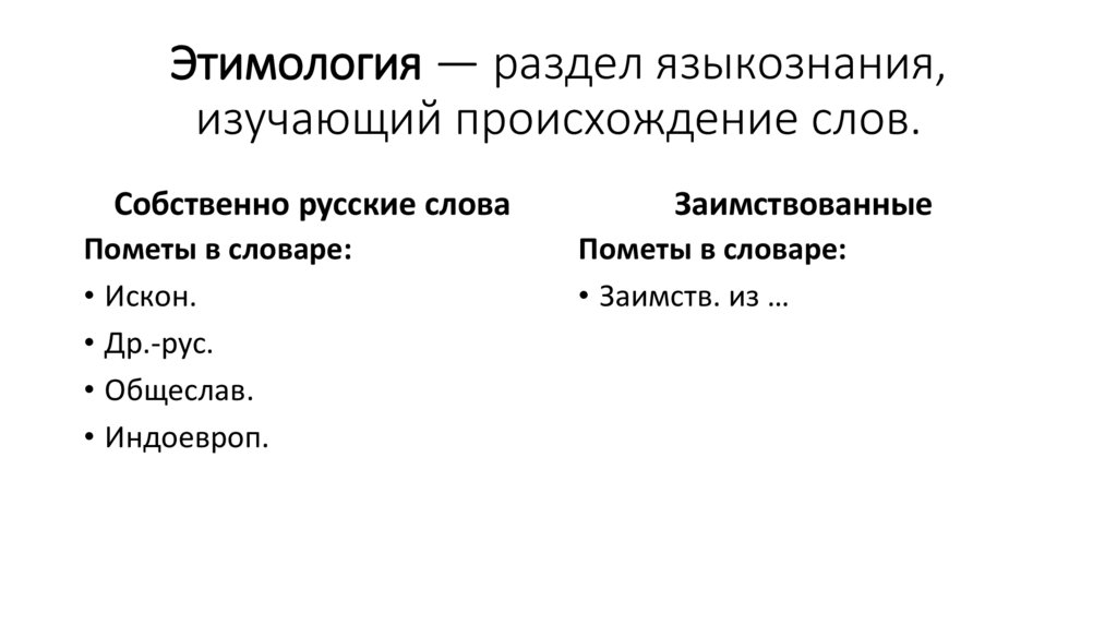 Этимология — раздел языкознания, изучающий происхождение слов.