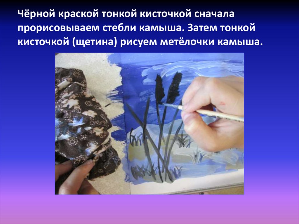 Чёрной краской тонкой кисточкой сначала прорисовываем стебли камыша. Затем тонкой кисточкой (щетина) рисуем метёлочки камыша.