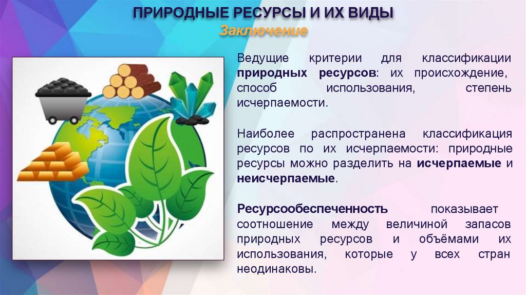 ПРИРОДНЫЕ РЕСУРСЫ И ИХ ВИДЫ Заключение