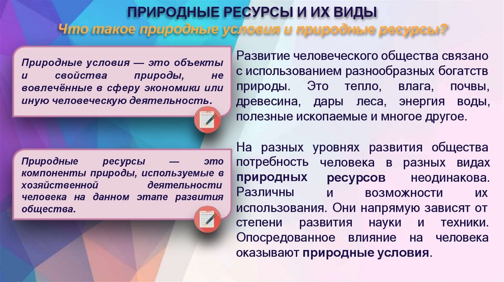 ПРИРОДНЫЕ РЕСУРСЫ И ИХ ВИДЫ Что такое природные условия и природные ресурсы?