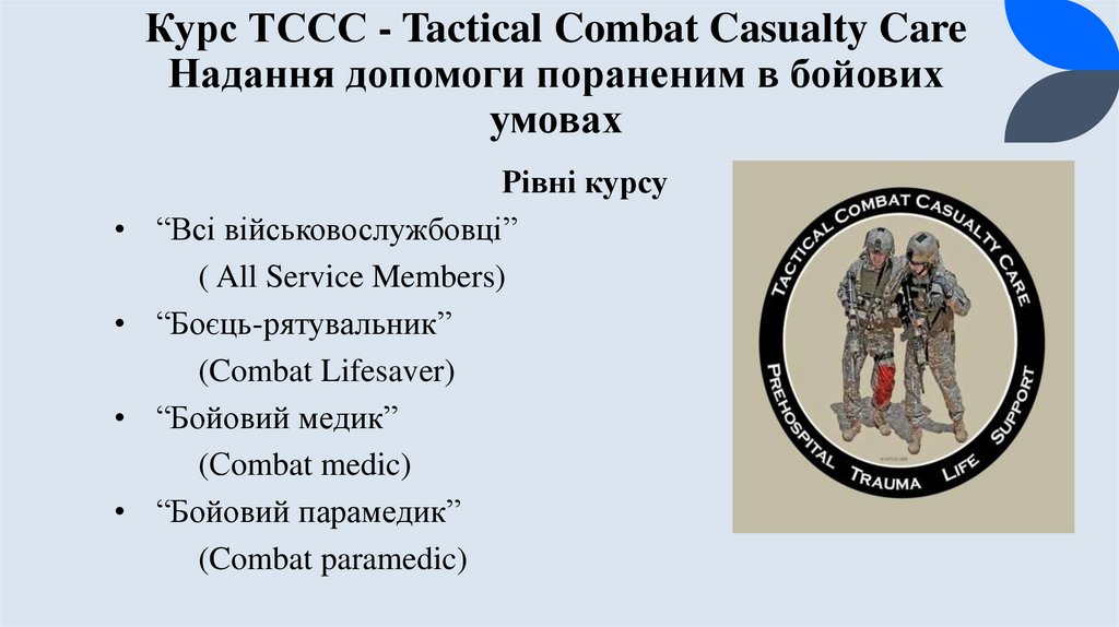 Курс ТССС - Tactical Combat Casualty Care Надання допомоги пораненим в бойових умовах