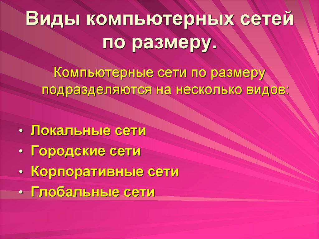 Виды компьютерных сетей по размеру.