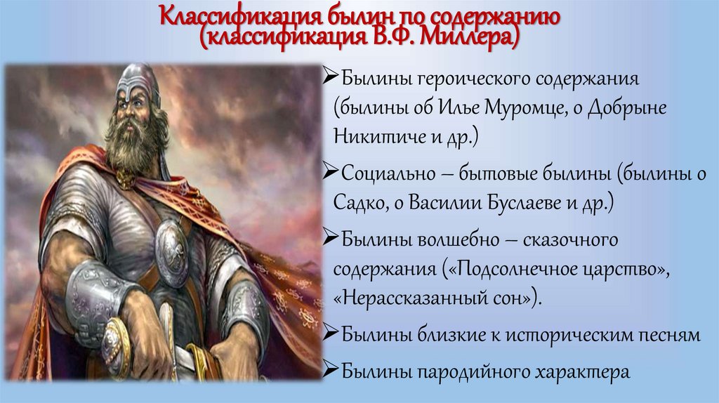 Классификация былин по содержанию (классификация В.Ф. Миллера)